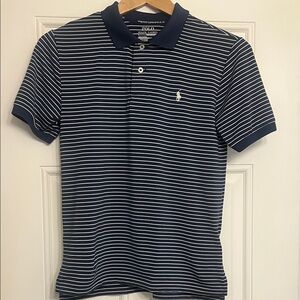 Ralph Lauren boys  Navy and White Striped performance Polo Shirt. Size M 10-12